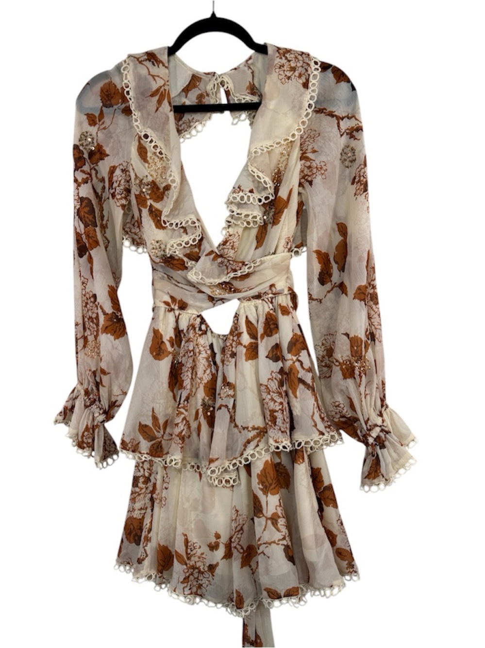 ASOS Cream Brown Floral Ruffled Cut Out Mini Dress Womens 0 Boho Fall Romantic